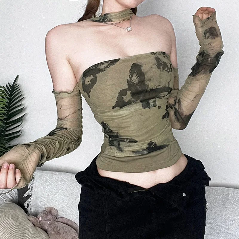 Women's Grunge Butterfly Printed Halterneck Crop Top Lace Blend Ribbed Blend Corduroy Blend Women's Grunge Butterfly Printed Halterneck Crop Top Lace Blend Ribbed Blend Corduroy Blend
