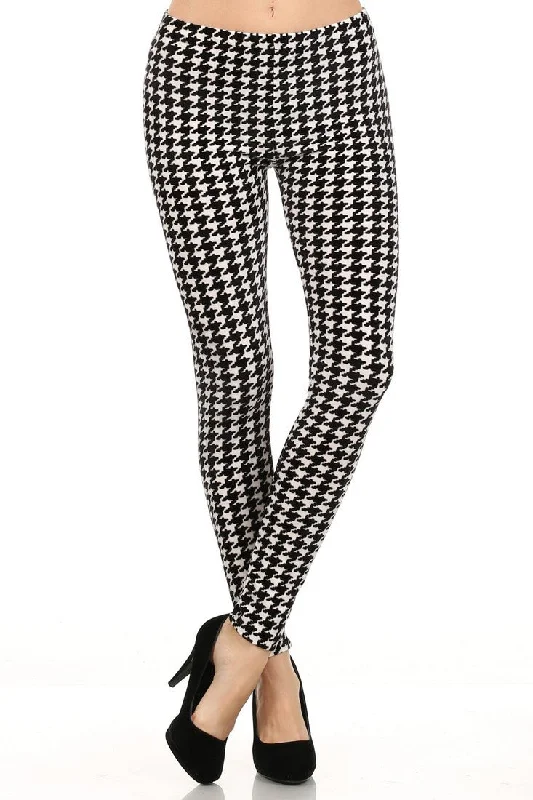 Velour Houndstooth Printed Leggings Trendy Foil Finish Leggings