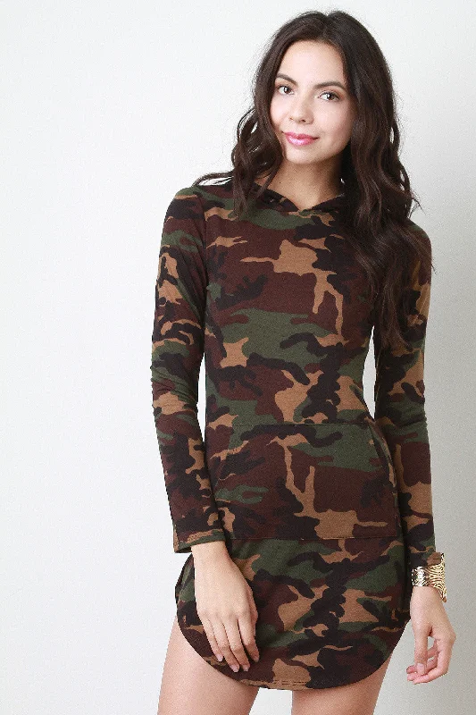 Camouflage Long Sleeve Hoodie Dress Hooded Sweatshirt Casual Wear Street Style