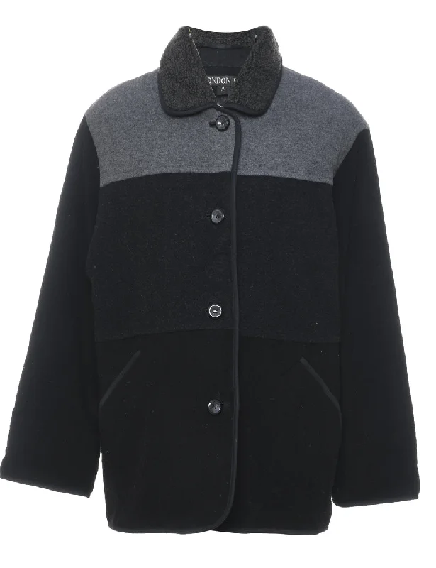 Black & Grey Contrast Wool Coat - L Lapel Coat Peter Pan Collar Coat Cowl Neck Coat
