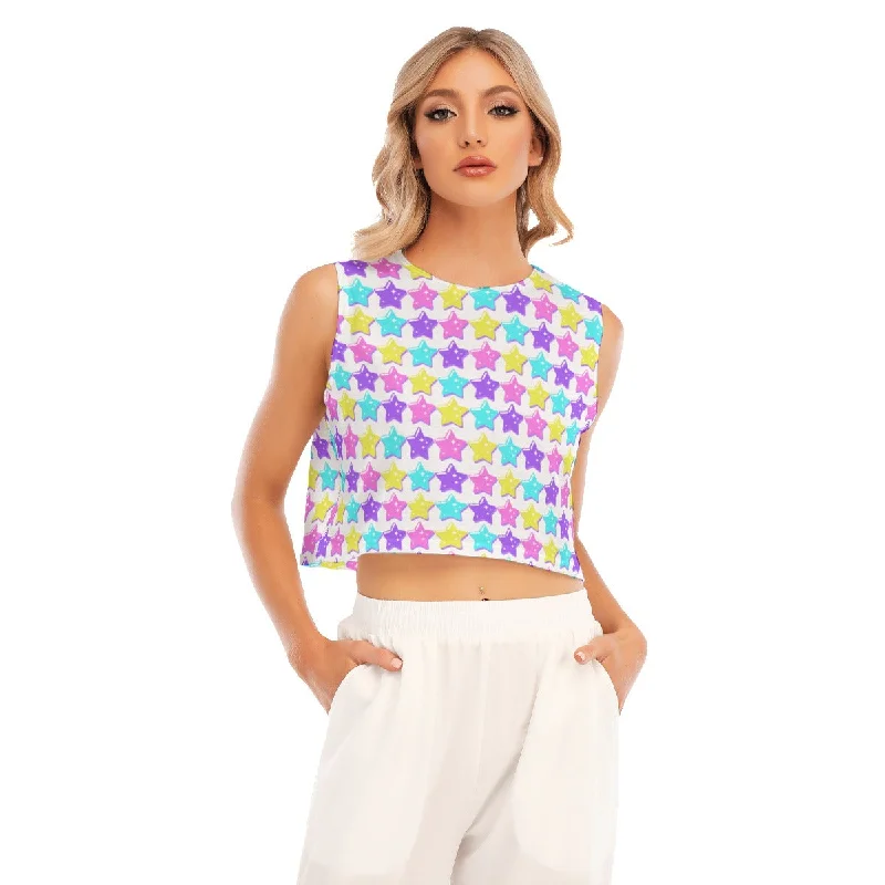 Electric Star Wave White Sleeveless Relaxed Fit Crop Top Anti-Shrink Durable Soft