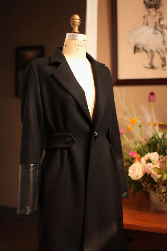 Womens Black Wool Coat Plaid Tartan Floral