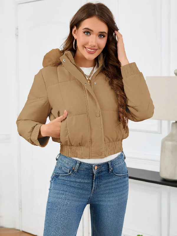 Pocketed Long Sleeve Cropped Hooded Winter Coat Asymmetrical Collar Hooded Zippered