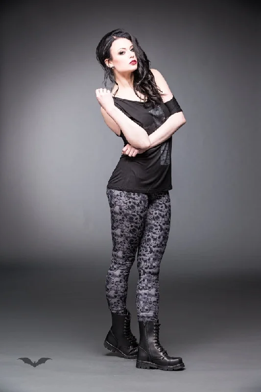 Queen of Darkness - Grey leggings with skulls and roses patt Casual Slim-Fit Leggings