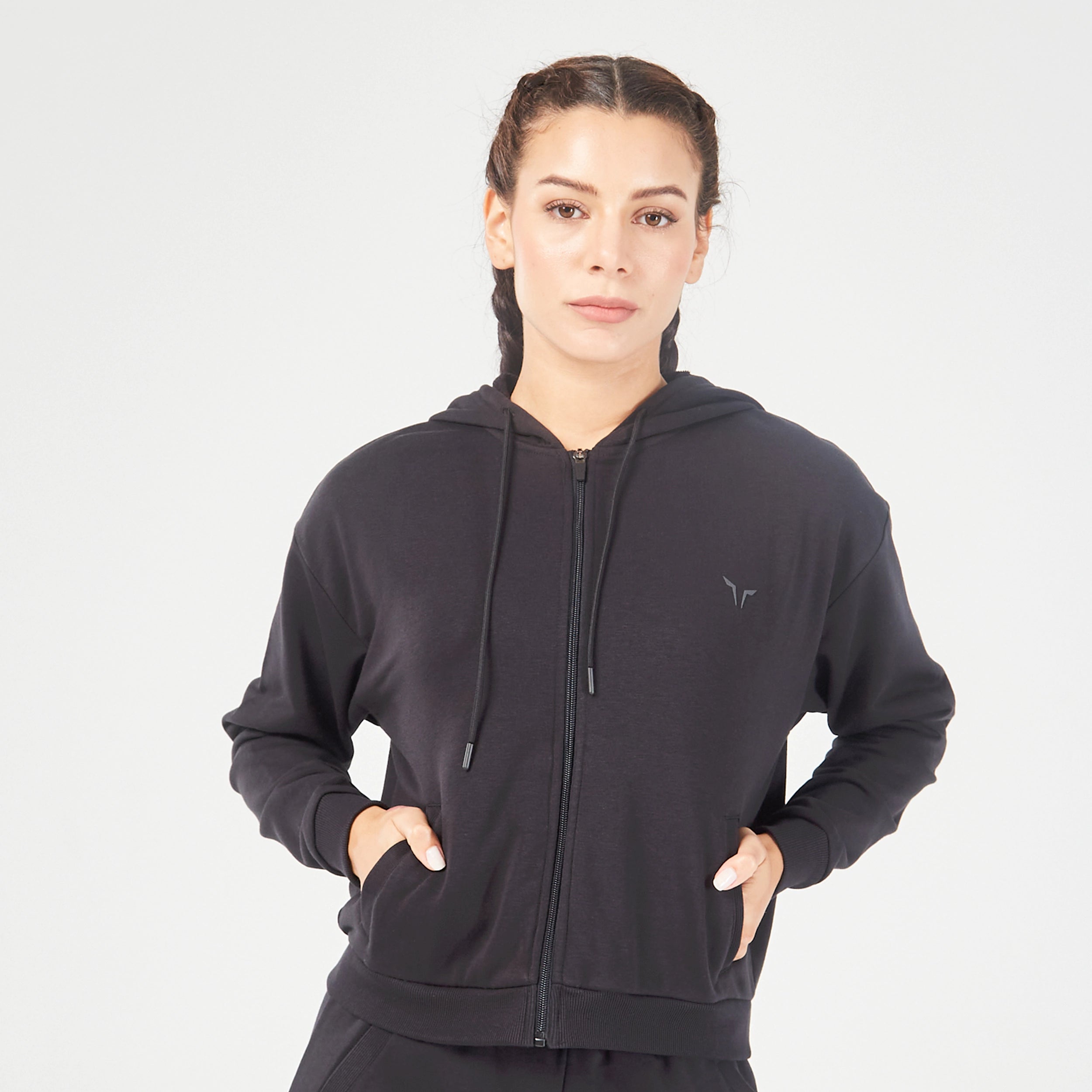Essential Relaxed Zip Up Hoodie - Black Hoodie with Elastic Cuffs Stretchable Comfortable Essential Relaxed Zip Up Hoodie - Black Hoodie with Elastic Cuffs Stretchable Comfortable