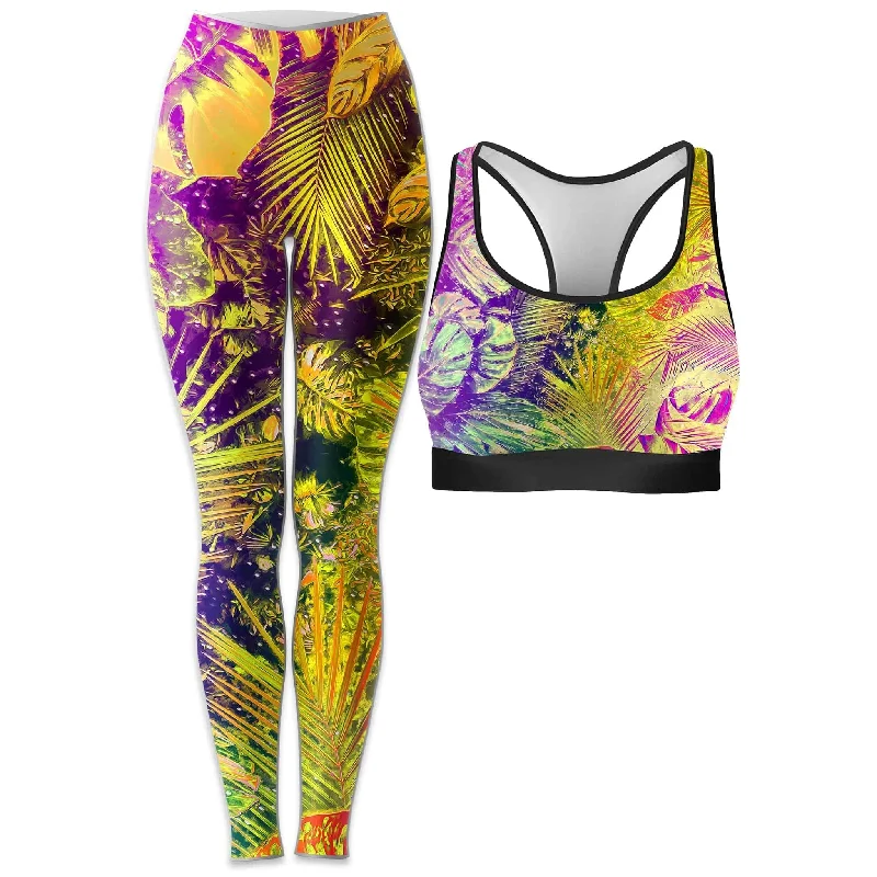 Junglist Rainbow Rave Bra and Leggings Combo Trendy Leather-Look Workout Leggings