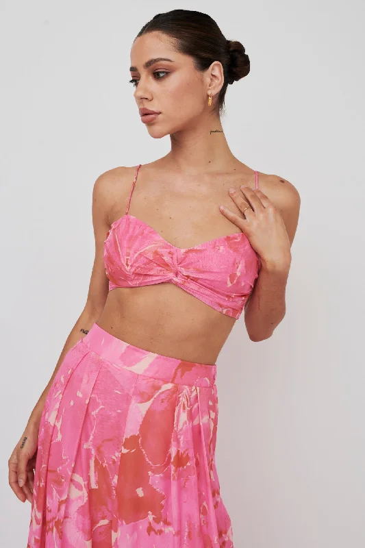 Tammi Tied Back Crop Top Print Blush Mesh Fabric Canvas Fabric Denim Fabric