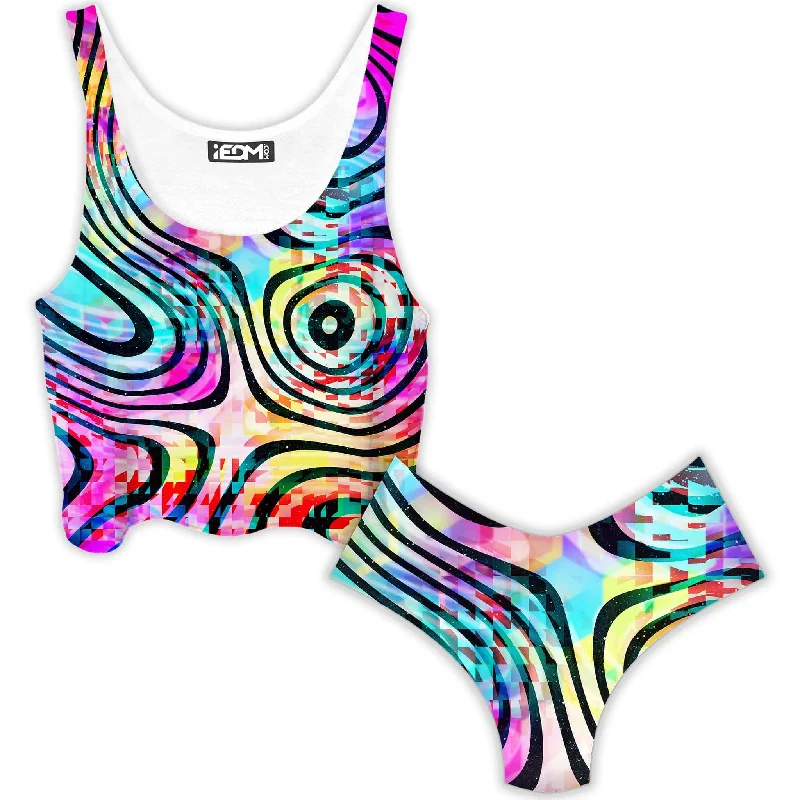 Psytrance Crop Top and Booty Shorts Combo Solid Print Embellished