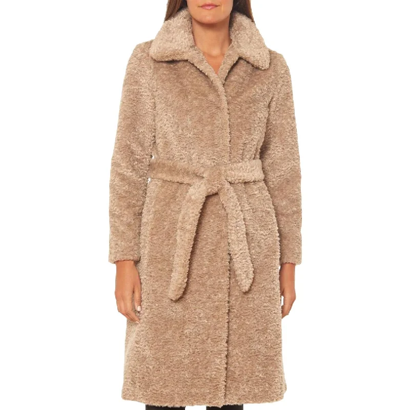 Vince Camuto Women's Faux Fur Mid-Length Belted Teddy Coat Elasticated Drawstring Belted
