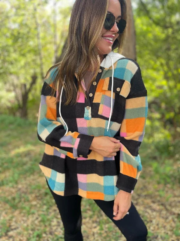 Hazel Blues® | PREORDER: Rainbow Plaid Button Hoodie Hoodie with Hem Patch Decorative Personalized Hazel Blues® | PREORDER: Rainbow Plaid Button Hoodie Hoodie with Hem Patch Decorative Personalized