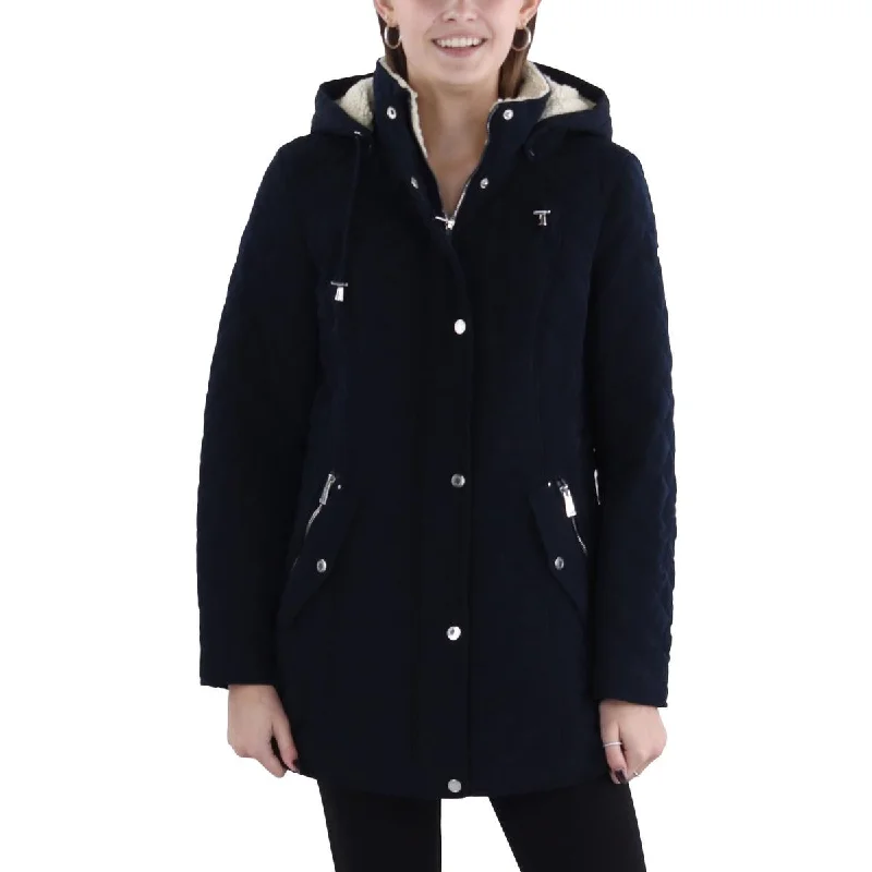 Laundry by Shelli Segal Womens Faux Fur Hooded Quilted Coat Print Jacquard Embroidered