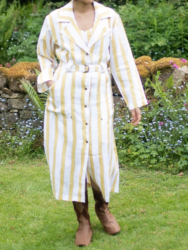 Stripes Summer Trench Coat Yellow Cotton Linen Terry