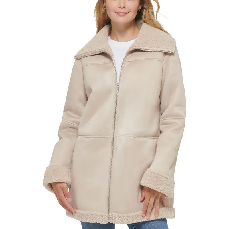 Calvin Klein Womens Faux Shearling Trim Heavy Walker Coat Cuffed Rolled Raglan