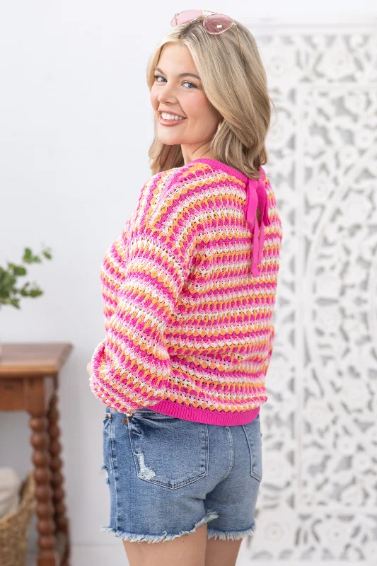 Pink Multicolor Stripe Knit Pullover Sweater Halter Neck Top
