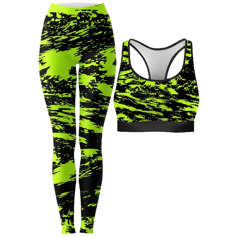 Black Lime Bolt Glitch Rave Bra and Leggings Combo Stylish Ankle-Length Leggings
