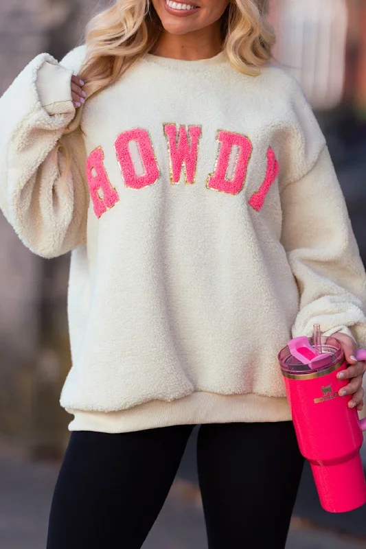 Hazel Blues® |  HOWDY Patched Round Neck Sherpa Sweatshirt Hoodie Sweatshirt Pullover