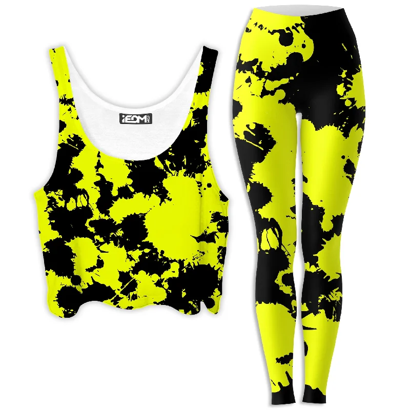 Yellow and Black Paint Splatter Crop Top and Leggings Combo Fleece Fabric Down Fabric Feather Fabric Yellow and Black Paint Splatter Crop Top and Leggings Combo Fleece Fabric Down Fabric Feather Fabric