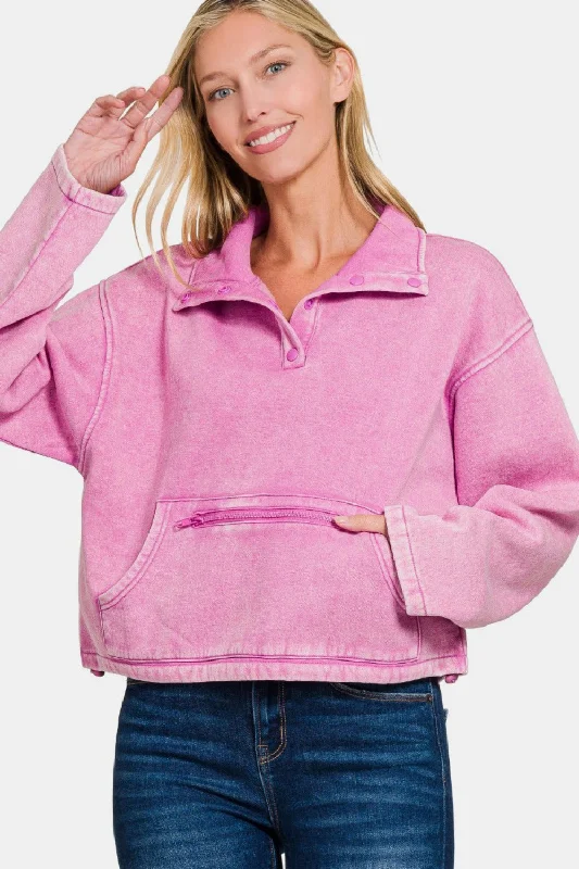 Hazel Blues® | Zenana Acid Wash Fleece Half Snap Sweatshirt with Pocket Hoodie with Elastic Waist Stretchable Comfortable Hazel Blues® | Zenana Acid Wash Fleece Half Snap Sweatshirt with Pocket Hoodie with Elastic Waist Stretchable Comfortable