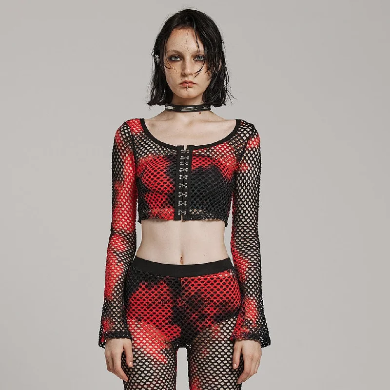 Women's Punk Mesh Tie-dyed Long Sleeved Crop Top Black-Red Jersey Fabric Tulle Fabric Batik Fabric