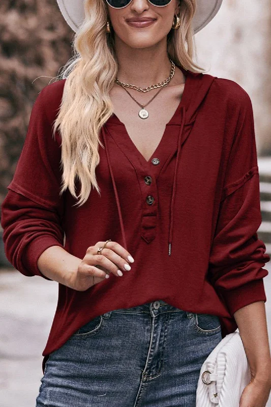 WOMEN HALF BUTTON NECK PULLOVER HOODIE Ribbed Crew Neck