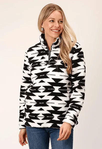 Roper Women's Black & White Aztec 1/4 Zip Polar Fleece Pullover 0250-6195 Square Neck Pullover