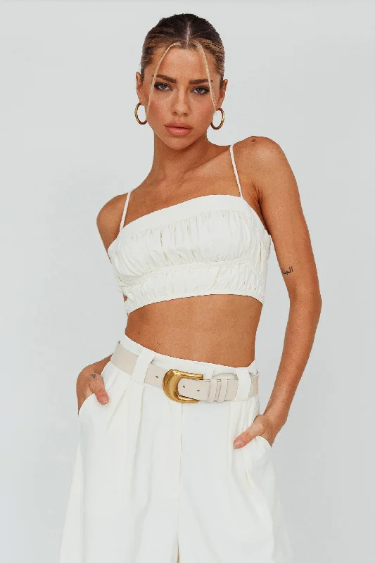 Regal Ruched Cami Crop Top Cream Mesh Blend Leather Blend Suede Blend