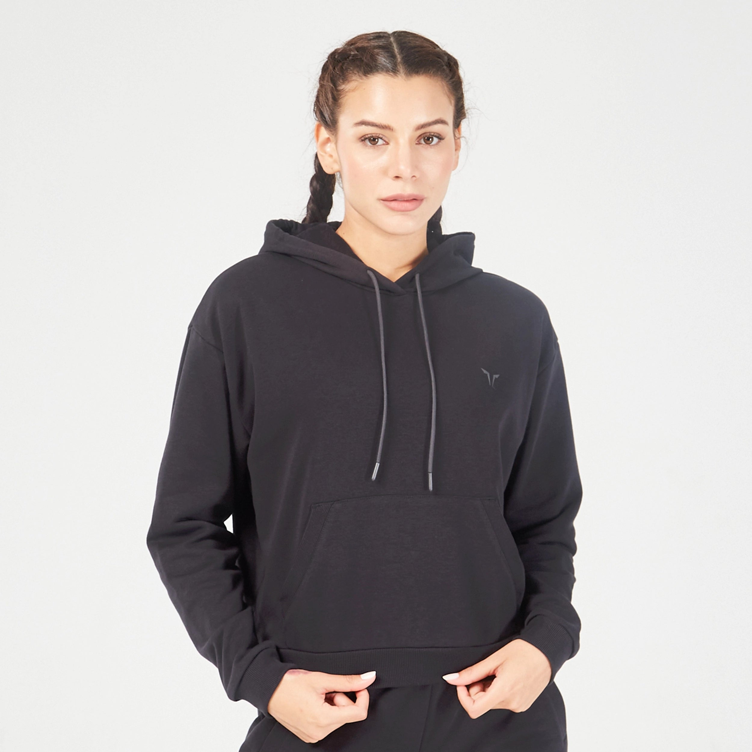 Essential Relaxed Hoodie - Black Hoodie with V-Neck Classic Versatile