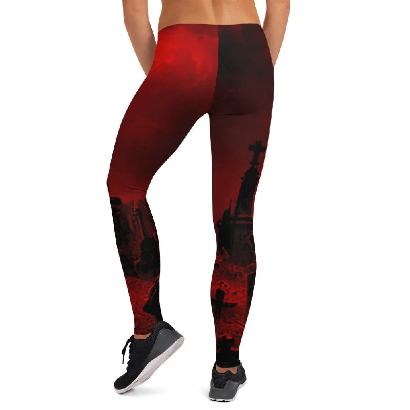 Red Gothic Haunted Cemetery Fashion Leggings Chic Printed Yoga Pants