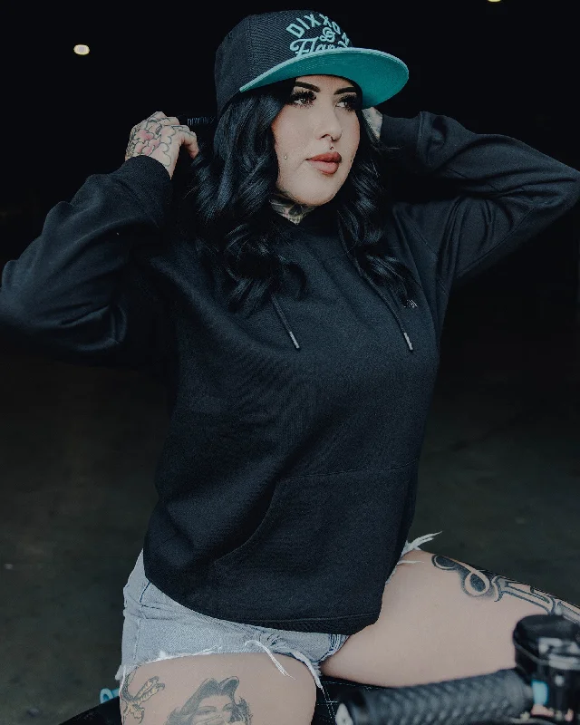 Women's Gray Crest Lightweight Pullover Hoodie - Black Ribbed Crew Neck