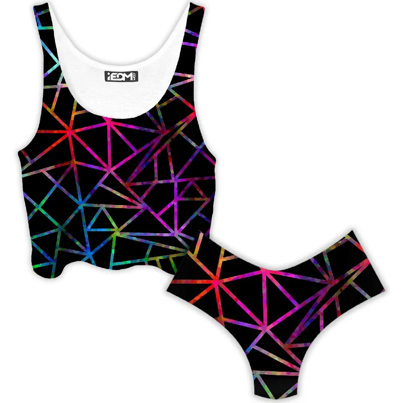 Webbed Geometric Crop Top and Booty Shorts Combo Ribbed Striped Patterned