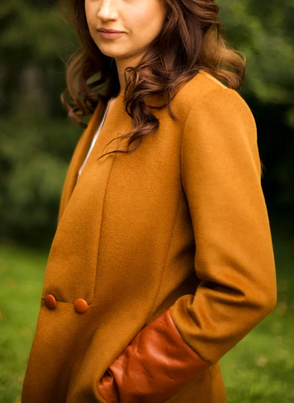 Cognac Wool Coat Tweed Herringbone Houndstooth
