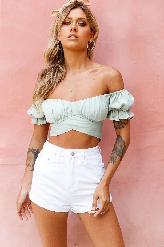 Linka Off-Shoulder Tie-Back Crop Top Pistachio Casual Formal Business
