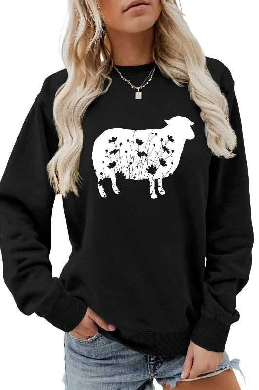 WOMEN SHEEP PRINTING CUTE LONG SLEEVE PULLOVER Thin Wool Pullover