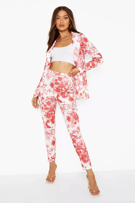 Boohoo Porcelain Red Print Skinny Ladies Trousers Skinny Trousers Denim Stretchy