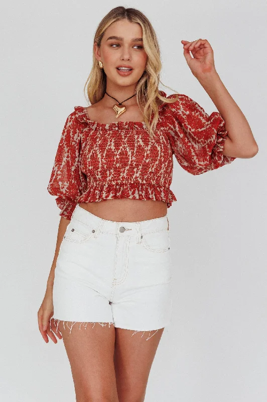 Meet Cute Shirred Bust Off-Shoulder Crop Top Floral Beige Cashmere Blend Cotton Blend Poly Blend