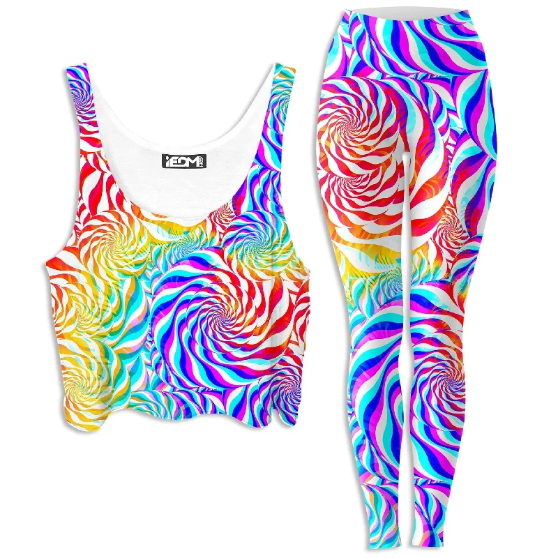 PLUR Rainbow Crop Top and Leggings Combo Collared Crop Top Boat Neck A-Line