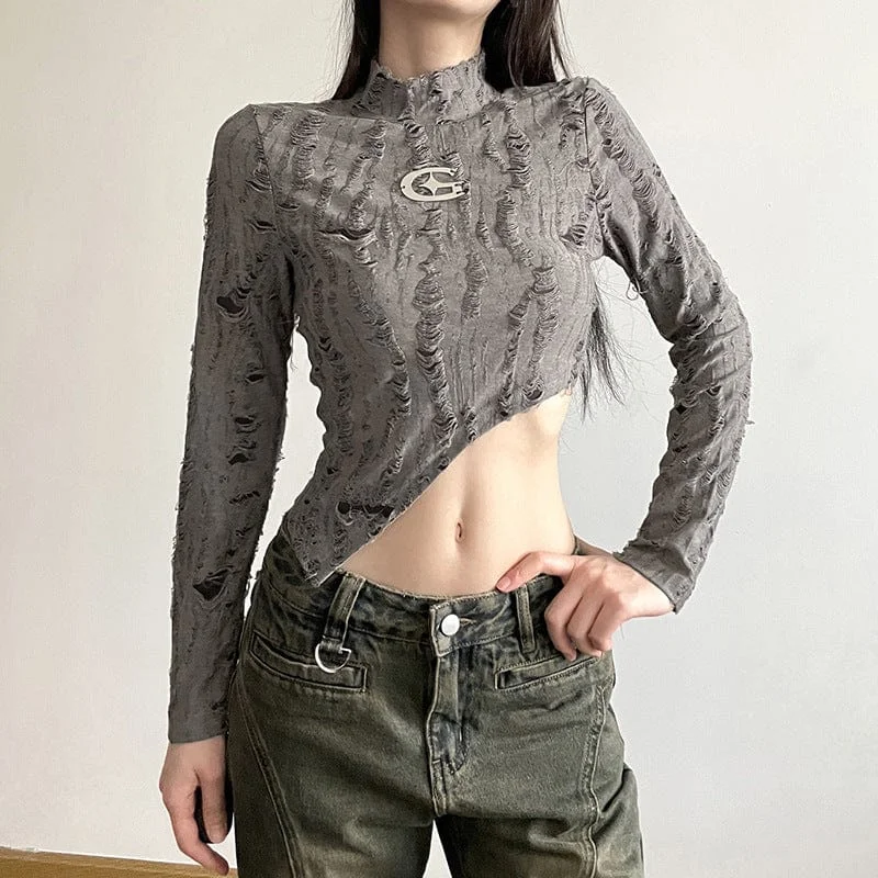 Women's Grunge Stand Collar Irregular Hem Long Sleeved Crop Top Chenille Brocade Lace Women's Grunge Stand Collar Irregular Hem Long Sleeved Crop Top Chenille Brocade Lace