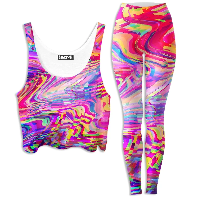Glitch Waves Crop Top and Leggings Combo Rayon Fabric Velvet Fabric Corduroy Fabric