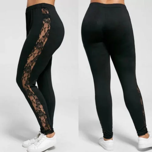 Women Plus Size Sexy Mesh Lace Patchwork Solid Color See-Through Leggings Comfortable Power Mesh Leggings