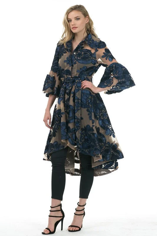 Mesh Coat With Floral Embroidery Fitted Loose Oversized