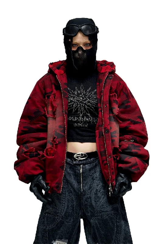 Camo Plaid Distressed Coat Parka Down Jacket Wool Coat