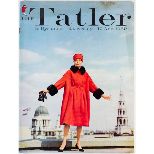 Red coat and hat London rooftop St Pauls Tatler Magazine 19th August 1959 Striped Polka Dot Floral