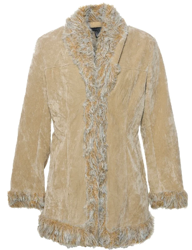 Brown Fur Collar Y2K Coat - M Square Neck One-Shoulder Off-the-Shoulder
