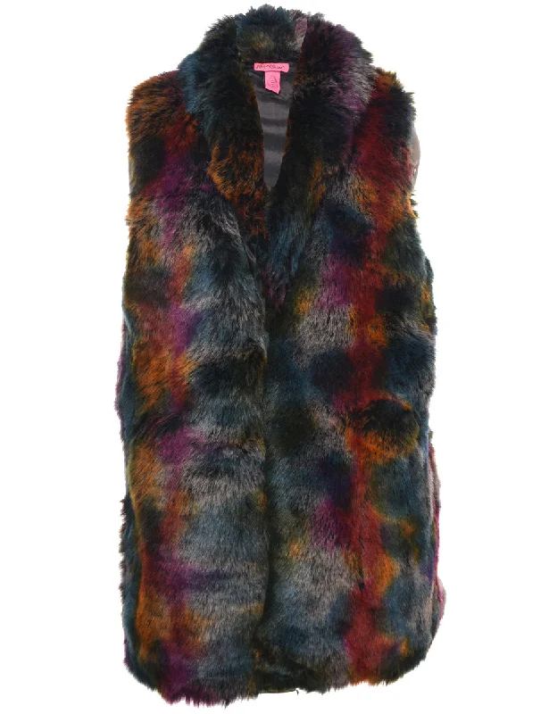 Betsey Johnson Faux Fur Coat - L Herringbone Houndstooth Plaid