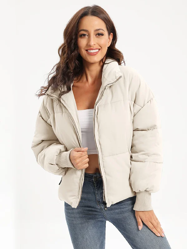 Zip Up Turtleneck Long Sleeve Winter Coat Mesh Canvas Denim