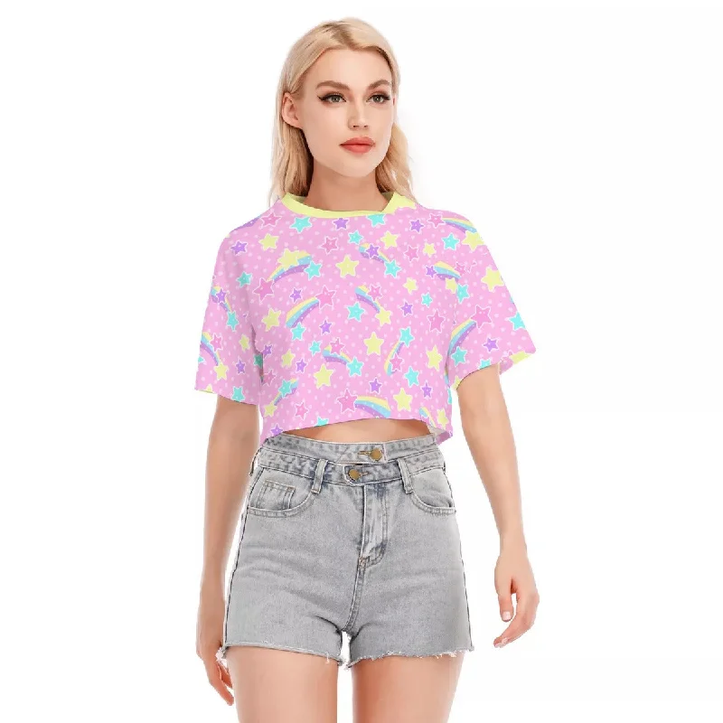 Starry Party Pink Cotton Crop Top Denim Fabric Leather Fabric Suede Fabric