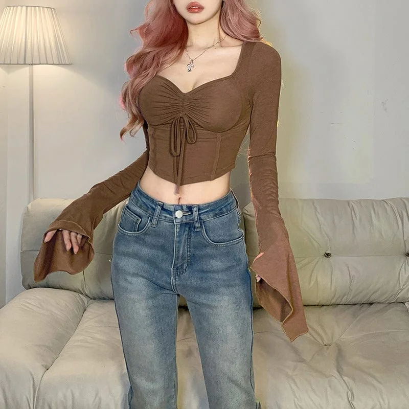 Women's Grunge Flared Sleeved Drawstring Crop Top Beaded Sequined Faux Fur
