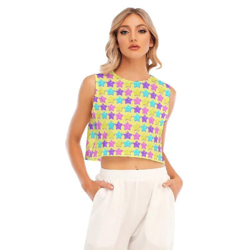 Electric Star Wave Yellow Sleeveless Relaxed Fit Crop Top Handmade Hand-knitted Hand-woven Electric Star Wave Yellow Sleeveless Relaxed Fit Crop Top Handmade Hand-knitted Hand-woven
