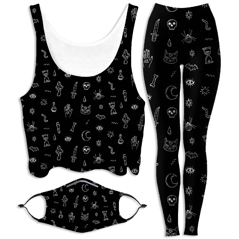 Black Pattern Crop Top and Leggings with PM 2.5 Face Mask Combo Anti-Shrink Durable Soft Black Pattern Crop Top and Leggings with PM 2.5 Face Mask Combo Anti-Shrink Durable Soft
