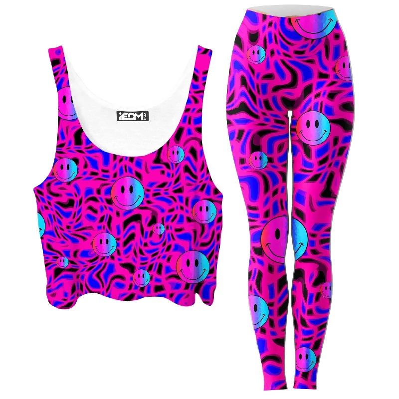 Trippy Smiles Crop Top and Leggings Combo Collared Crew Neck Turtle Neck